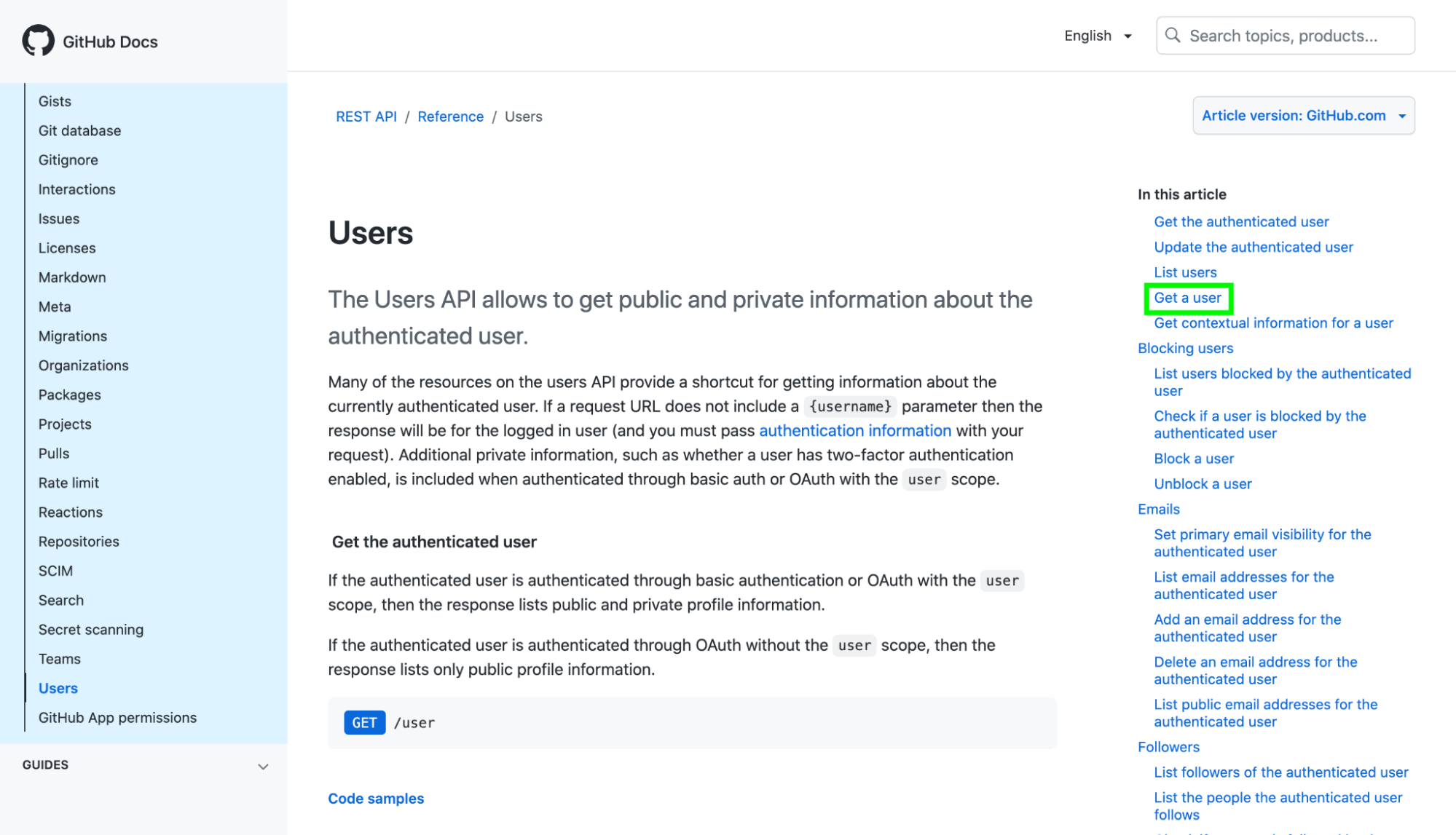 La documentation GitHub est affichée. A droite, Get a user est encadré en vert.