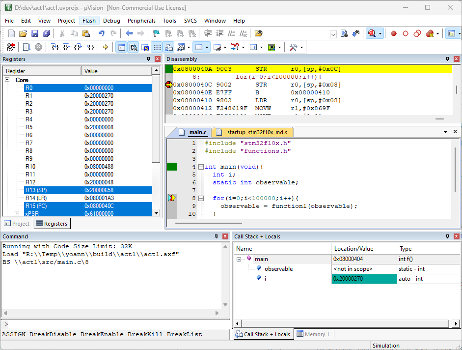 Exécution de l'application en mode débogage sur la cible simulée