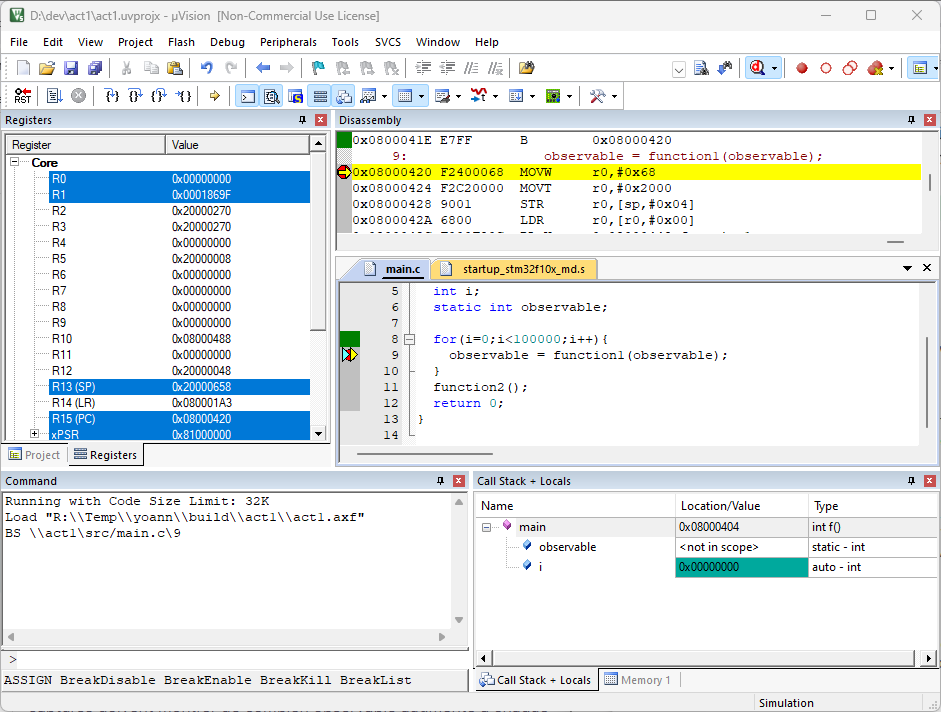 Exécution en débogage, point d'arrêt sur ligne 9