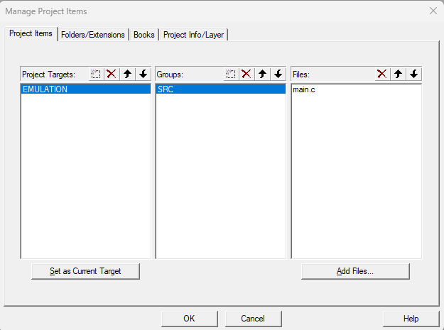 Fenêtre de composants du projet µVision