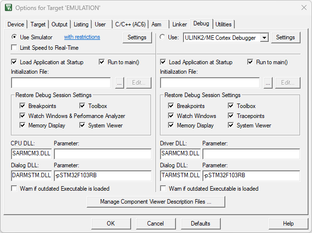 Options cible emulation ARM STM32F103RB